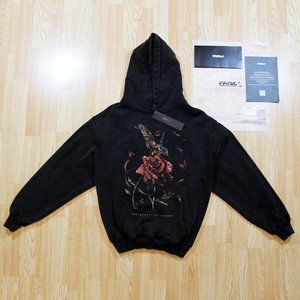 FAVELA Hummingbird Rose Hoodie • Black Wash • Snap Button • Oversized Fit